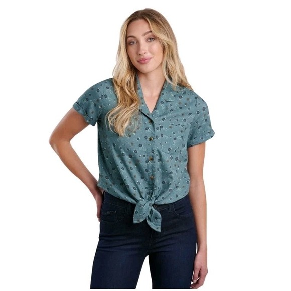 Kuhl Tops - KUHL Elsie Floral Short Sleeve Womens S Button Up Tie Front Blue MSRP $75